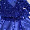 Cololura Women Elegant Sexy Sequin Off Shoulder Ruffle Sleeve Bodycon Mermaid Cocktail Formal Party Ball Gown Midi Dress (Large, Blue)