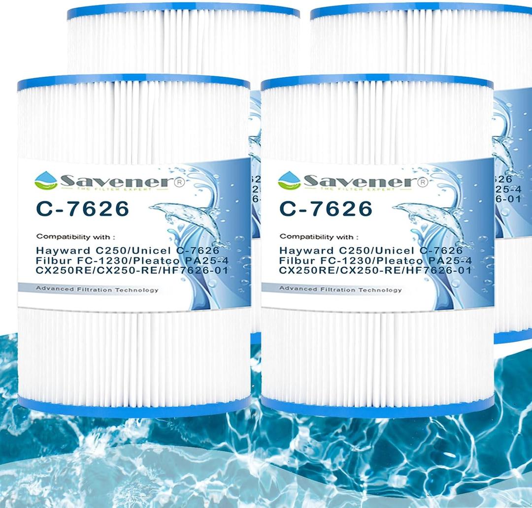 Savener® C-7626 Hot Tub Spa Filter Cartridge, Replaces Hayward C250, Unicel C-7626, Filbur FC-1230, PA25-4, CX250RE, CX250-RE, HF7626-01, 25 Sq. Ft, 4 Pack