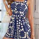utcoco Womens Summer Rompers Sleeveless Floral Print High Waist Wide Leg Shorts Overalls Jumpsuit with Belt (Large, Blue)