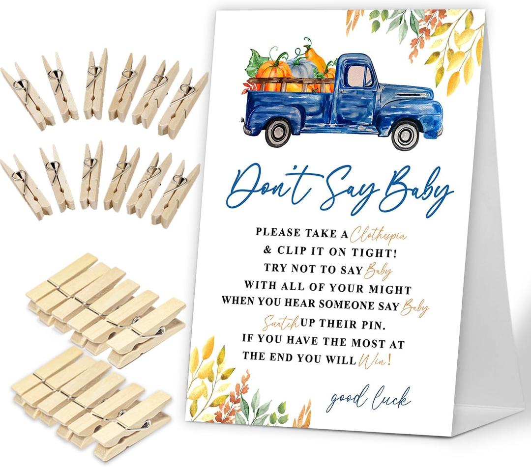 Don't Say Baby Game - Fall Autumn Thanksgiving Pumpkins Baby Shower Game Set - Modern Orange Rectangular Cardstock & Wood Sign (5x7 inches) with 50 Mini Wooden Clothespins
