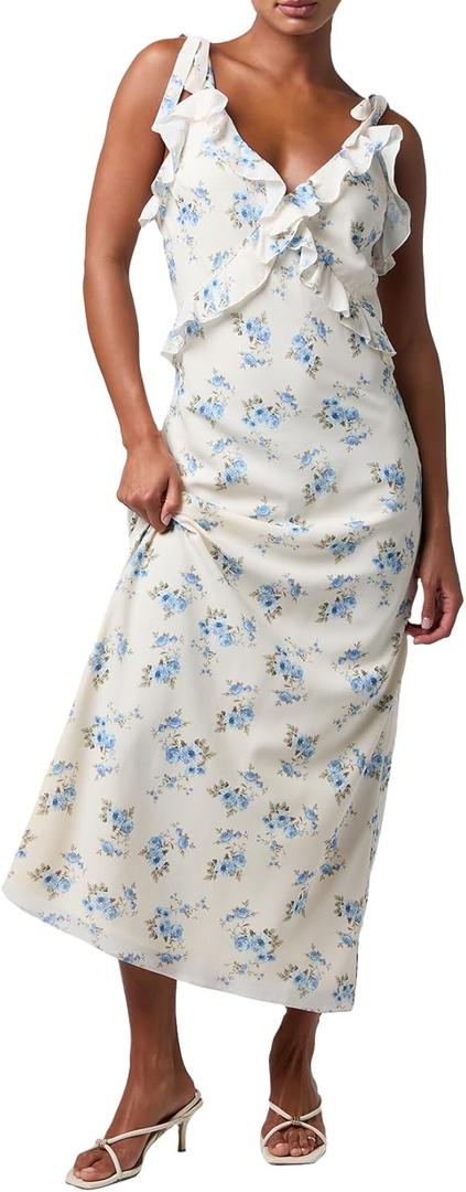 Lulus Celia Tie Strap Ruffle Maxi Dress: Womens V-Neck Cocktail Dress, Evening Party Dress, Formal & Prom Dress