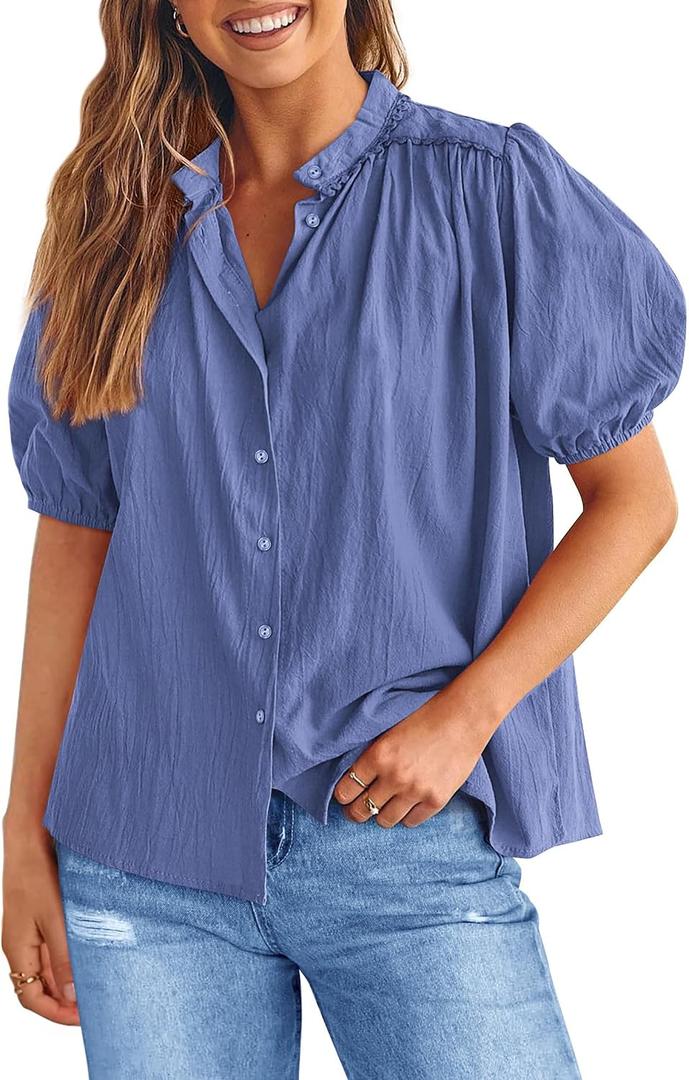 PRETTYGARDEN Women's 2026 Summer Button Down Shirts Short Lantern Sleeve V Neck Cotton Cute Tops Dressy Casual Blouses (Blue, M)