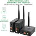 1Mii 2.4GHz (1 TX + 2 RX) Wireless Audio Transmitter and Receiver for TV, 20ms Ultra Low Delay RCA Out/in, 320 ft Range Wireless Adapter for Subwoofer to TV/PC/CD Player, 2 Receivers for Two Speakers