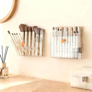 2 x Wall-mounted Makeup Organizers, 16-Slot Eyeliner Lip Liner Organizer Holder, Makeup Organizer for Brush, Makeup Pencils, Concealer Pencil Display Case for Vanity Bathroom (Transparent White)