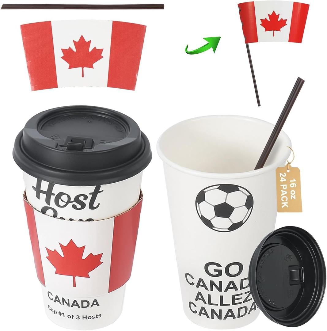 16 oz CheerSleeve Host Cup, Celebrating World Soccer Tournament Host Canada, 24 Sets Disposable Paper Party Cups with Lids Straws Sleeves, Flag Themed Fan Event Decorations, ALLEZ CANADA