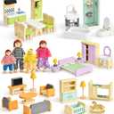 Toyssa Wooden Dollhouse Furniture Set, 36PCS Miniature Doll House Accessories with Colorful 5 Room & 4 Flexible Family Dolls, Pretend Play Toys Birthday Gift for Toddlers 3 4 5 6 Years Old