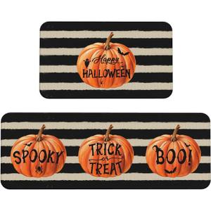 Happy Halloween Pumpkin Kitchen Mat Sets of 2 Orange Black Striped Kitchen Rugs for Floor Home Decor Holiday Decoration Low-Profile Mats,17x29 and 17x47 Inch