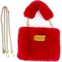 FHQHTH Fluffy Faux Fur Crossbody Bag for Women  Cute Small Purse with Chain Strap, Plush Evening Handbag & Makeup Bag (Red)