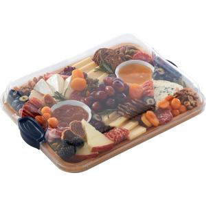 Farberware Build-A-Board Bamboo Cutting Board with Built-in Compartments and Clear Locking Lid with Navy Handles, Perfect for Charcuterie, Snacks, and More