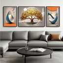 Cuspin Modern Luxury Large Wall Art Set of 3 Bright Style Abstract Paintings, Glossy Art Prints for Living Room, Hallway, Dining Room, Office (Golden Tree - Large)