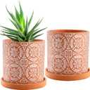 Jucoan 2 Pack Terracotta Plant Pot, 5'' Red Clay Planter Pot with Boho Flower Pattern, Ceramic Cactus Flower Planter Succulent Pot with Drainage Hole and Saucer for Indoor Outdoor Plant