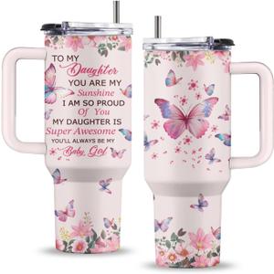 Daughter Birthday Gifts, 40 Oz to My Daughter Cup with Handle & Straw, Gift from Mom, Thanksgiving Christmas Birthday Gift for Daughters Adult, Daughters Tumbler with Butterfly, 1 PCS