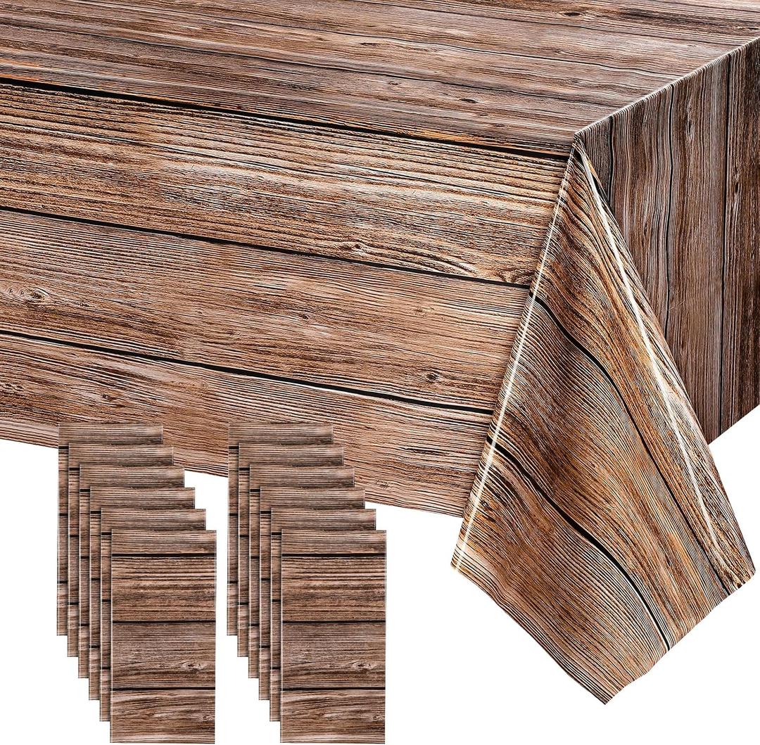 Tatuo 12 Packs Natural Wood Grain Tablecloths Rustic Plastic Table Covers for Rectangle Table, Vintage Farmhouse Style Tablecloth Decorations for Western Barn Themed Birthday, 54 x 108 Inch (Brown)