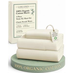 LANE LINEN 100% Organic Cotton Twin XL Sheets Set, 3-Piece Pure Organic Cotton Percale Sheets, Cotton Bedsheets, Ultra Soft Bedding Sheets, Breathable, Fits Mattress Upto 15" Deep - Natural