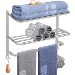 NearMoon Bathroom Towel Rack, 3-Tier Towel Holder with Hooks, SUS304 Stainless Steel Towel Hanger, Wall Mounted Towel Shelf Storage, Bathroom Accessories (22 Inch, Brushed Nickel)