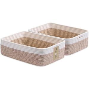 MiniArk Large Shallow Organizing Baskets 15x11x5.1 Inches - Rope Woven Storage Bins for Bathroom, Shelves, Cube Closet, White Mixed Brown 2 Packs