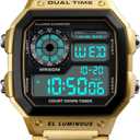 Watches for Men Fashion Trend Gold Multi-Function Waterproof Watch LED Digital Chronograph Stainless Steel Square Watches