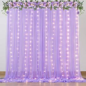 Purple Sheer Curtains with Lights String Tulle Curtain for Living Room Bedroom Parites Wedding Birthday Decorations 2 Panels 60" W84 L (60"W x 84"L-2pcs)