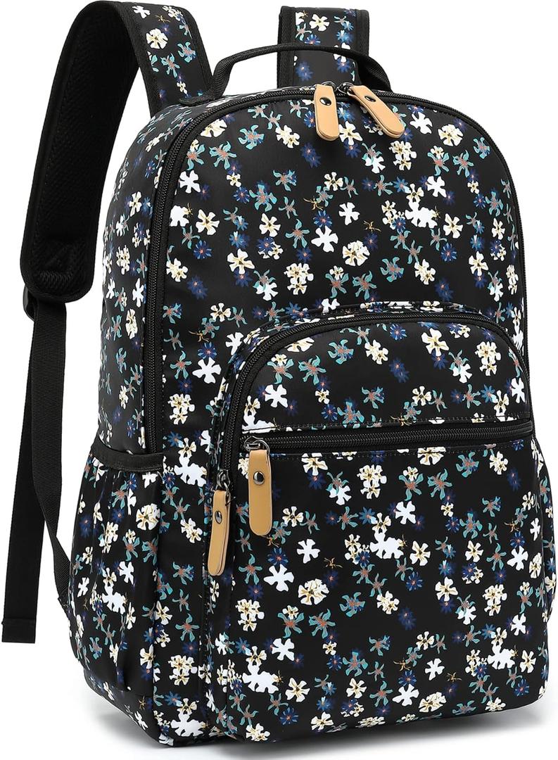 Leaper Laptop Backpack for Women: Cute Girls Backpack Floral for School College Travel Work - Lightweight Bookbag for Kids Teens - Aesthetic Back Pack Hiking Daypack for Teacher (Black-White Flower) (Large)