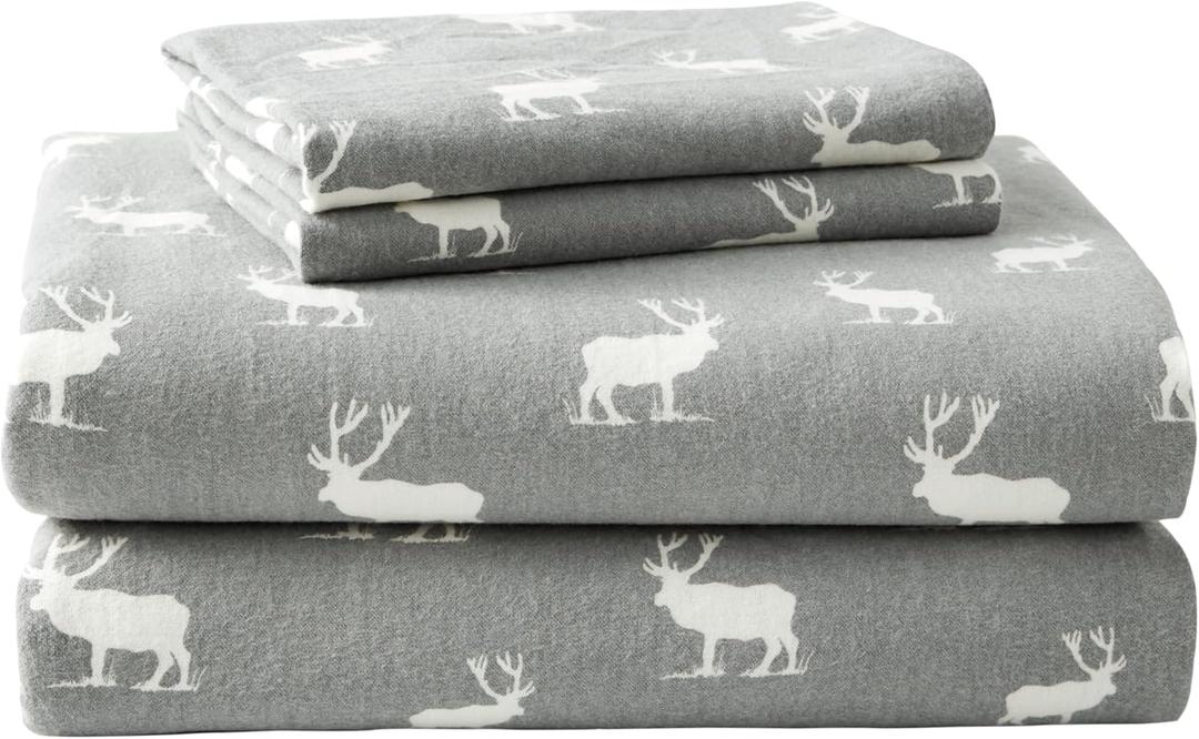 Eddie Bauer - Flannel Sheets King Size, Anti-Pilling & Wrinkle Resistant Cotton, Touchably Soft for All-Season Comfort - Bed Sheets with Matching Pillowcase & Fitted Sheet (Elk Grove Grey)