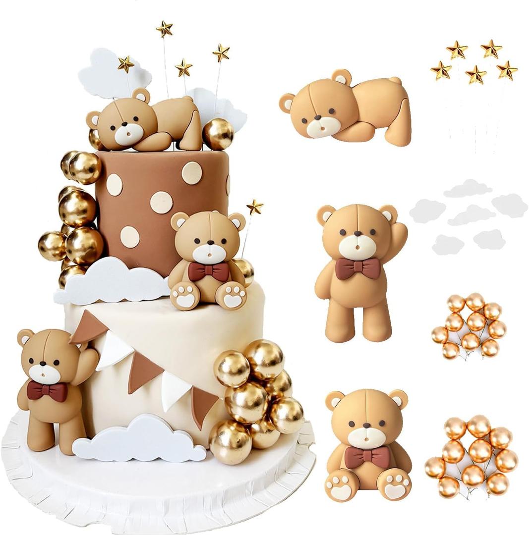 Cute Bear Theme Birthday Cake Decoration, Party Supplies, Cake Topper, Containing 3 Bears, 20 Golden Orb, 6 Clouds, 5 Stars. Can Be Cleaned and Applied Repeatedly