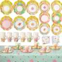 Yungyan 193 Pcs 48 Guests Tea Birthday Party Supplies Disposable Tableware Set 9 oz Paper Tea Cups with Handle, 7" 9" Paper Plates, Napkins, Tablecloth for Floral Party Wedding Baby Shower