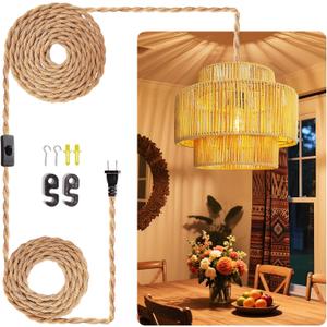 Maliralt Hanging Lamps Rattan Pendant Light - 16.4ft Plug in Cord Hanging Light Fixture Plug Into Wall Outlet Pendant Lighting with On Off Switch for Bedroom Living (Lantern Shade)