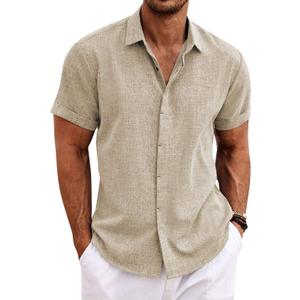 COOFANDY Men's Linen Shirts Short Sleeve Casual Shirts Button Down Shirt for Men Beach Summer Wedding Shirt (3XLarge, Khaki)