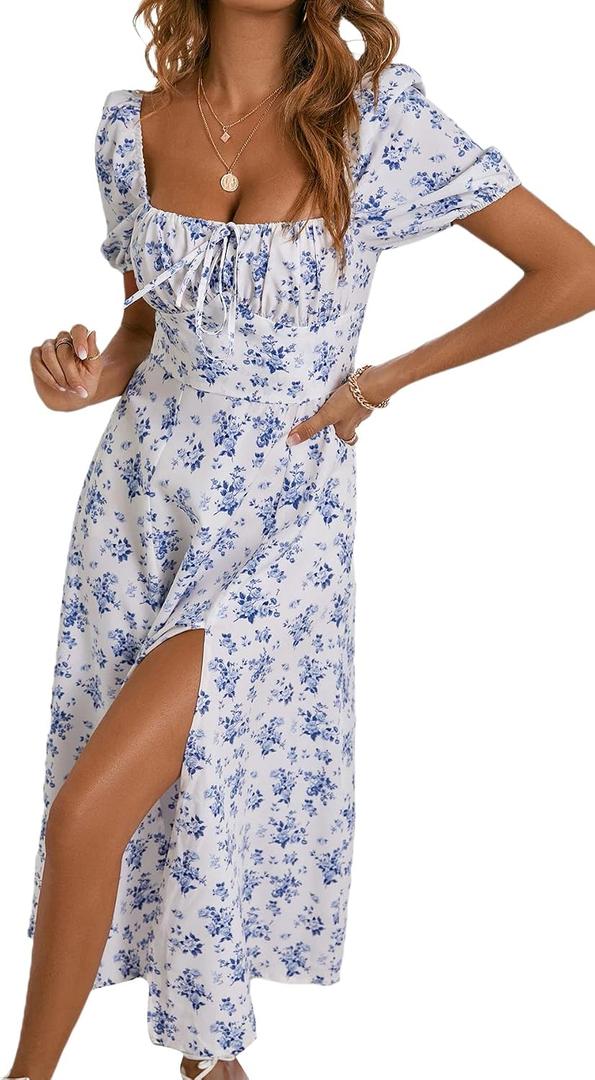 WDIRARA Women's Floral Print Tie Front Square Neck Short Sleeve Split Thigh Dress, Small