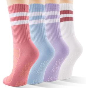 CS CELERSPORT Pilates Socks for Women, 4 Pairs Yoga Crew Non Slip Grip Socks for Barre Hospital Gym (S)