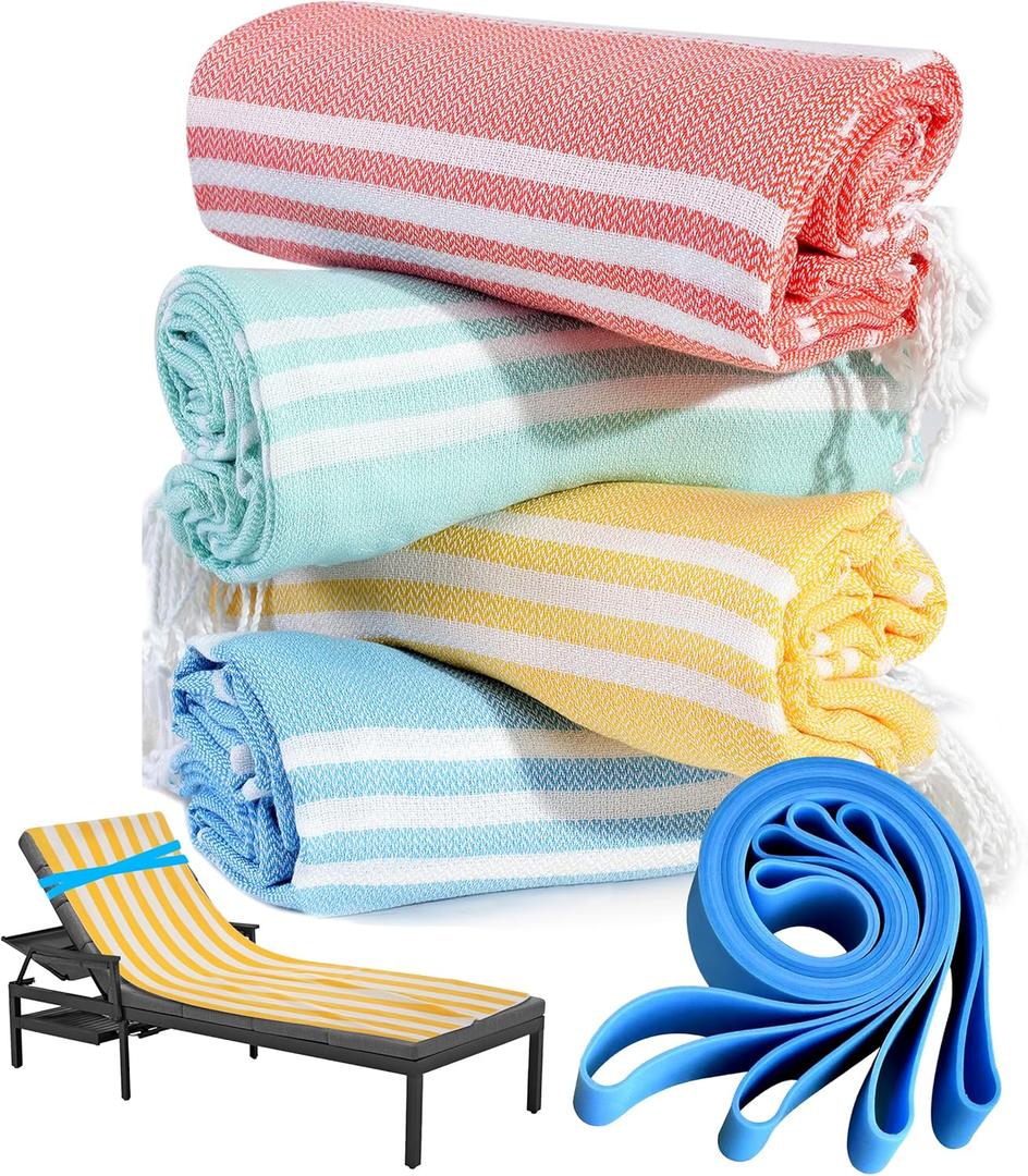 4 Packs Turkish Beach Towel Pool Swim Towels Set Bulk Soft Cotton Extra Large Sand Free Quick Dry Thin Lightweight Travel Vacation Essentials Cruise Accessories Must Haves Clearance Sandless Oversized (72 x 36 inch)