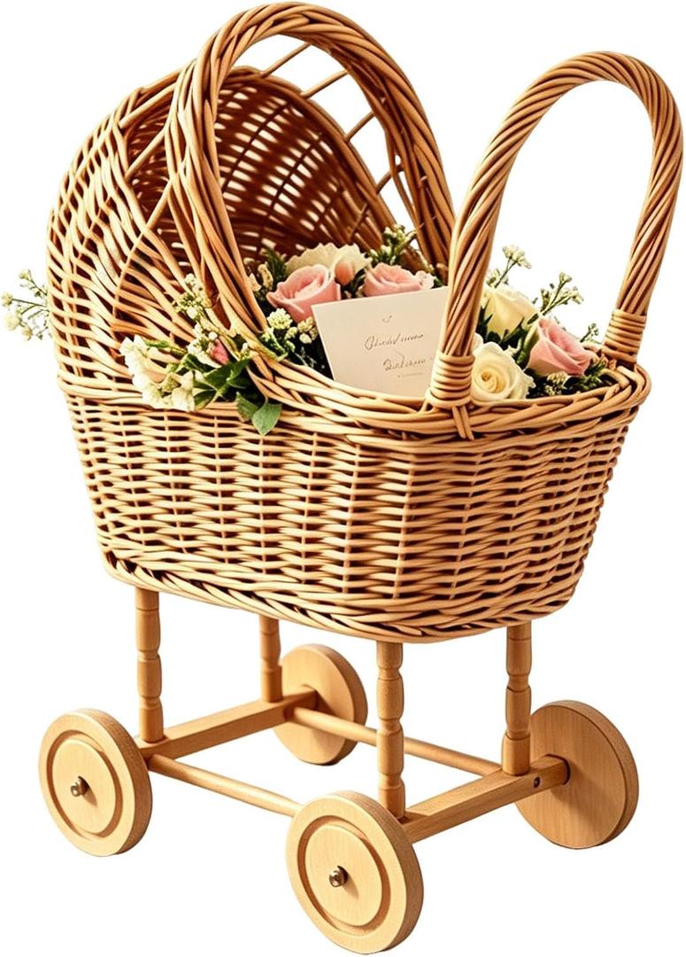 Handwoven Rattan Stroller Shaped Flower Basket on Wheels Vintage Wicker Planter for Fresh Flowers, Baby Gift, Wedding Decor, & Rustic Home Accent