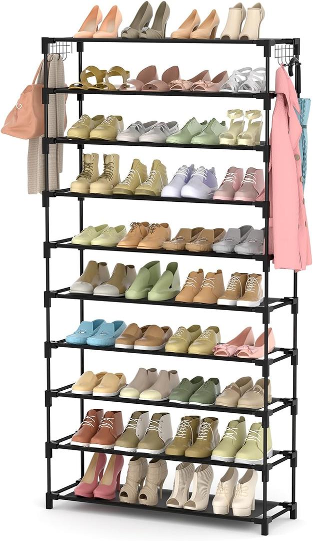 LANTEFUL 10 Tiers Shoe Rack 50 Pairs Large Capacity Tall Shoe Organizer Sturdy Shoe Storage with Two Hooks Space Saving Metal Wide Shoe Rack for Closet, Entryway, Bedroom, Black (10 Tier - 61.2" High - 34" Wide)