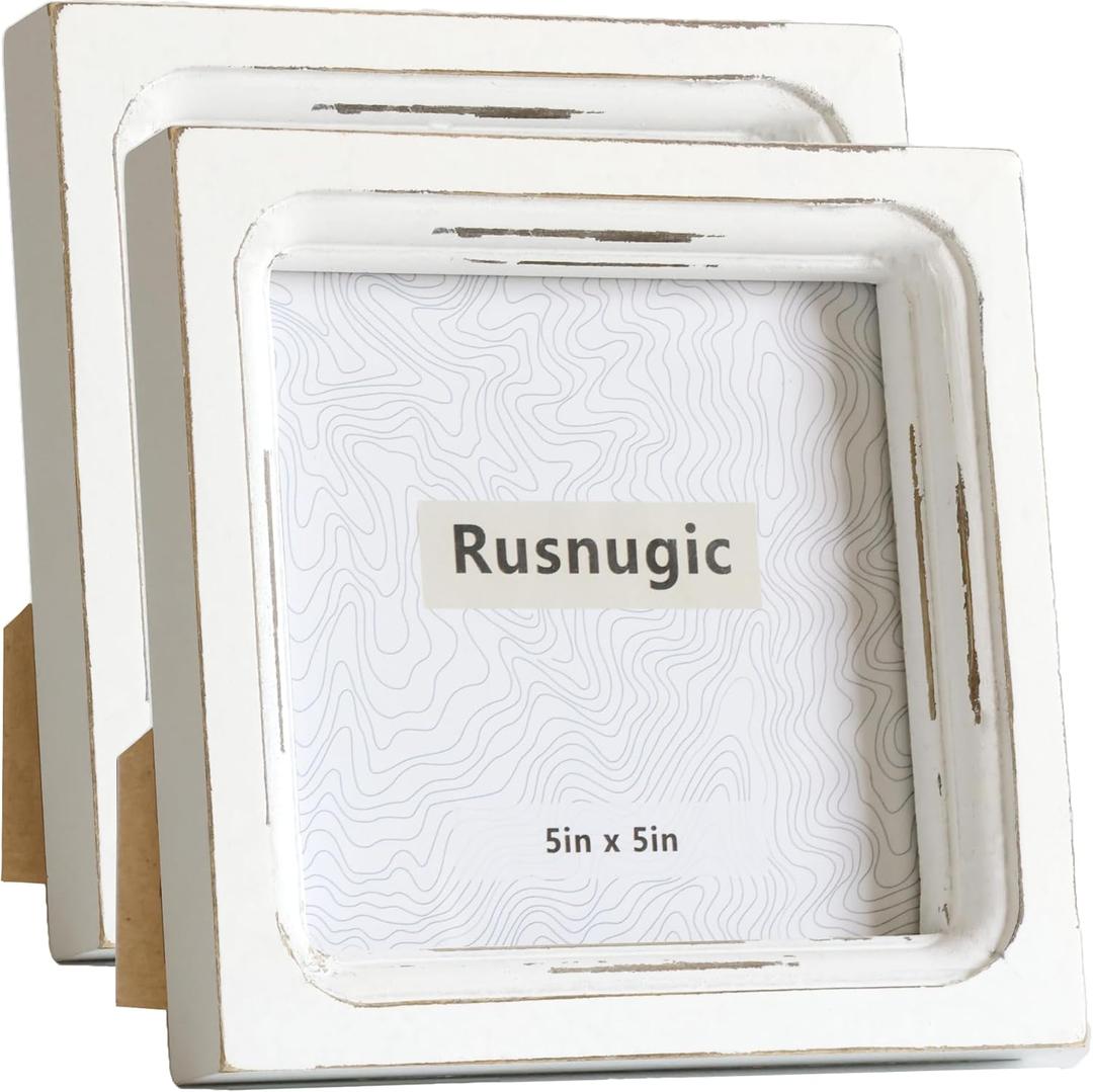 Picture Frames 5x5 Set of 2 Handmade Rustic Wood Frames with Hard Glass - 2 Pack Small Mini Cute Picture frames for Tabletop Display and Wall Mounting Vintage Farmhouse Home Decor (Distressed White)