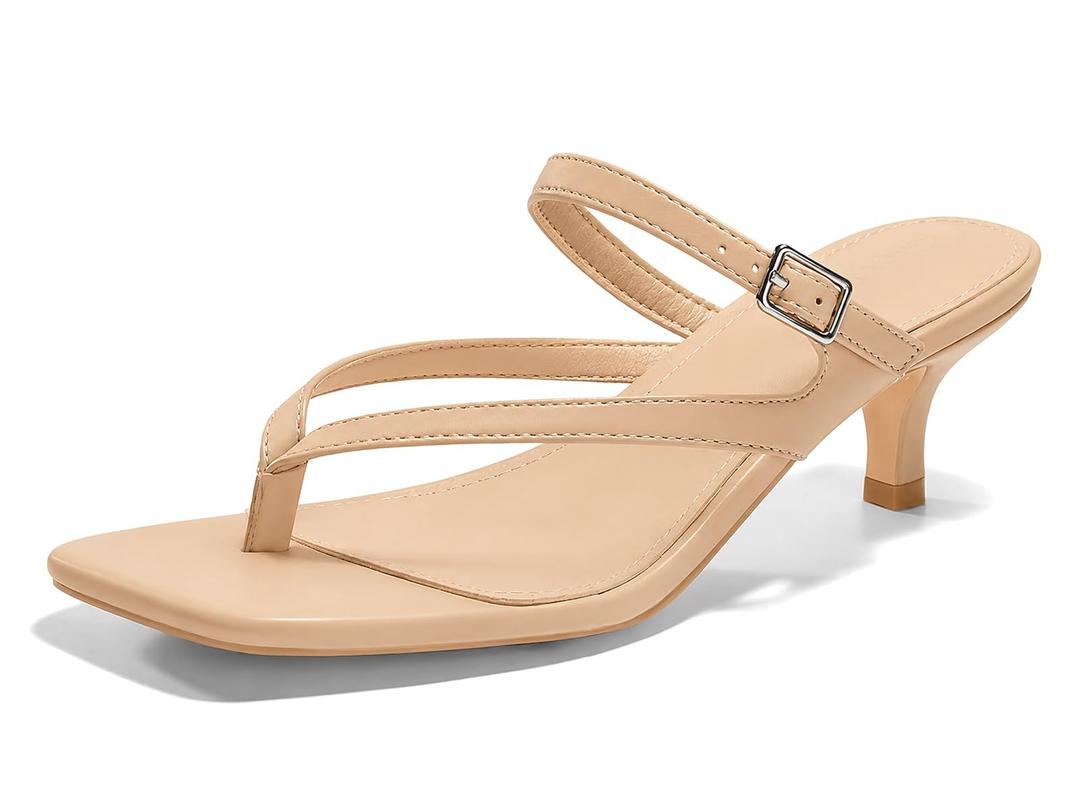 Coutgo Womens Strappy Kitten Heels Flip Flops Square Open Toe Low Heels Fashion Party Dress Thong Heeled Sandals,Khaki,size 6