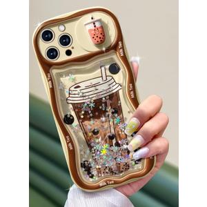 Toycamp for iPhone 14 Pro Max Case - Women Girls Cute Cover Boba Milk Tea with Sliding Camera Cover Girly Bling Glitter Kawaii Design Flowing Liquid Quicksand Phone Case for iPhone 14 Pro Max 6.7 "