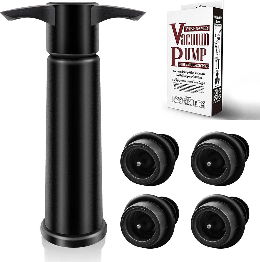 Wine Saver Pump with 4 Vacuum Wine Stoppers, Wine Bottle Stoppers with Food Grade Silicone Leak-proof Keep Fresh Suitable for All Standard Wine Bottles