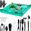 Melphoe 25Pcs Mini Garden Hand Transplanting Succulent Tools Set, 39.4" Thickened Repotting Mat & Plant Tag, Miniature Planting Indoor Fairy Care, Potting, Cactus, Houseplant Bonsai Tool Kit (Black)