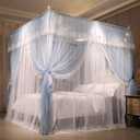 VETHIN 4 Corners Post Ruffle Princess Bed Canopy Curtain-Double Layer Cozy Drape Netting 4 Opening Mosquito Net for Girls Adults Bedroom Decoration (Gray/White,59" W*82" L*82"*H/Queen)