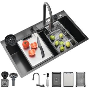 Black Kitchen Sink, 27 Inch Nano Stainless Steel Waterfall, Countertop Workstation Single Sink Set & Accessories, for Countertop, Kitchen, Bar (BLACK, 27 x 18 IN)