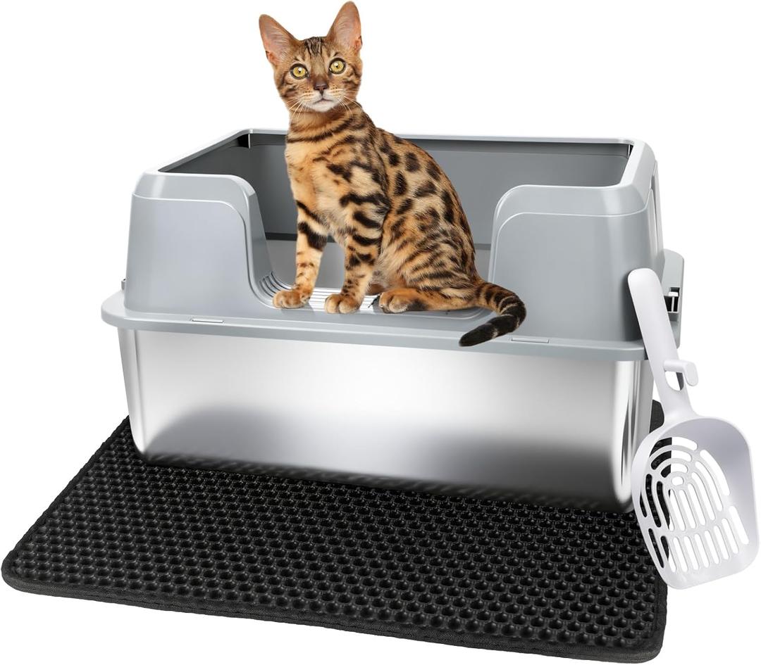 Vivifying Stainless Steel Cat Litter Box, Large Semi-Enclosed Litter Box with Lid and Mat, Anti-Leakage Metal Pan for Easy Cleaning & Odor Control (Gray)