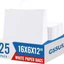 GSSUSA Large Paper Gift Bags 16x6x12'' 25Pcs White Paper Bags with Handles, Shopping Bag for Small Business, Sturdy Kraft Paper, for Boutique, Party Favor Bag, Valentine's Day Craft