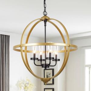 Chandelier Farmhouse Hanging Lighting, 4-Light Globe Orb Chandelier, Adjustable Modern Pendant Light Fixture for Dining Entryway Foyer, Black and Gold Finish (20'', 4-Light)