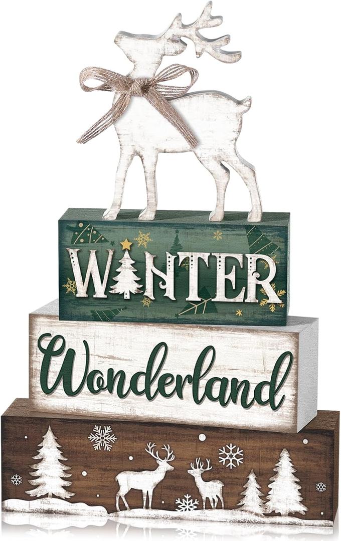 Yousoontic 4 Pcs Winter Decor Woodland Christmas Wooden Sign Blocks Table Centerpiece with Reindeer Snowflakes Trees Rustic Holiday Decorations for Farmhouse Winter Home Indoor