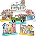 DoubleFill 6 Pcs Spring Decorations Wooden Spring Table Centerpieces Sign Easter Tulips Table Decor Tulip Gnome Truck Flowers Wood Signs for Tabletop Home Shelf Party Tiered Tray Decor