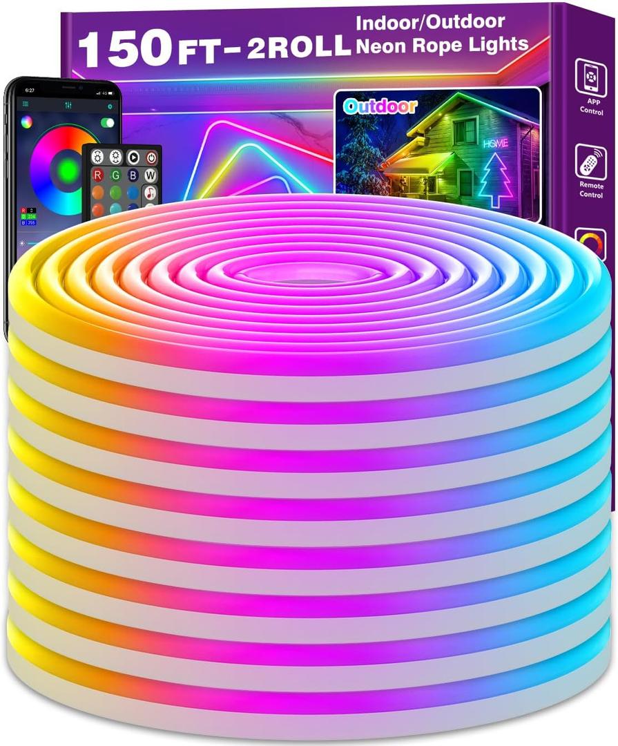 NUERPO 150Ft Neon Rope Lights, Flexible Led Rope Lights Control with App/Remote, Multiple Modes Light,IP65 Outdoor RGB Led Light Waterproof (150Ft Neon Rope Lights)