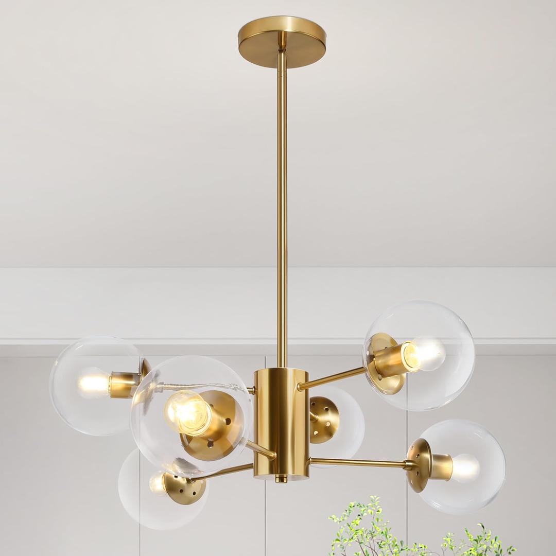6-Light Globe Sputnik Chandelier Modern Gold Sputnik Chandelier Mid Century Pendant Light Brushed Brass Finished with Clear Globe Glass Lampshade Chandeliers for Dining Room Kitchen