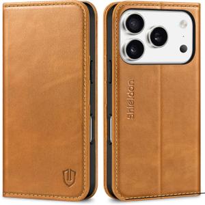SHIELDON Case Wallet for iPhone 17 Pro 6.3-inch | Genuine Leather | Book Desgin | RFID Blocking Credit Card Slots | Magnetic Closure | Shock Absorbing Phone Cover | 2025 | Retro Light Brown