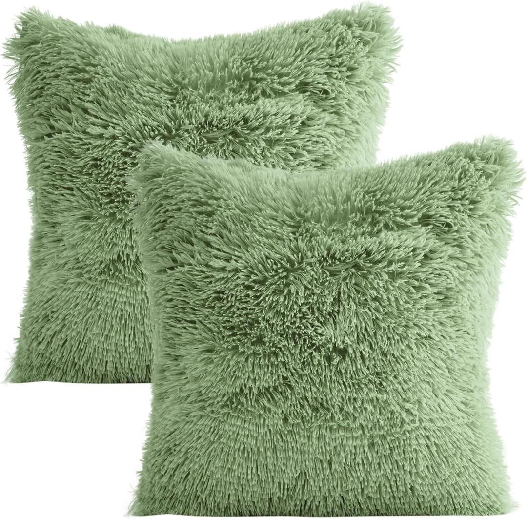 Uxcell Set of 2 Throw Pillow Covers, Soft Fluffy Cushion Covers Decorative Double Sided Plush Pillow Covers Faux Fur Decorative Square Pillowcases for Sofa 16 x 16 Inch Green