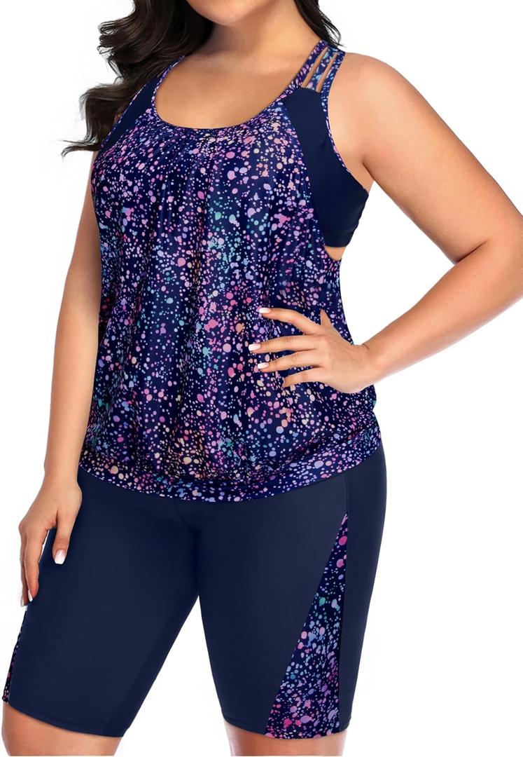 Daci Women Plus Size Tankini Swimsuit - Tummy Control 2 Piece Bathing Suit with High Waisted Capris Shorts 2025 Swimwear (Starry Sky, 18plus)